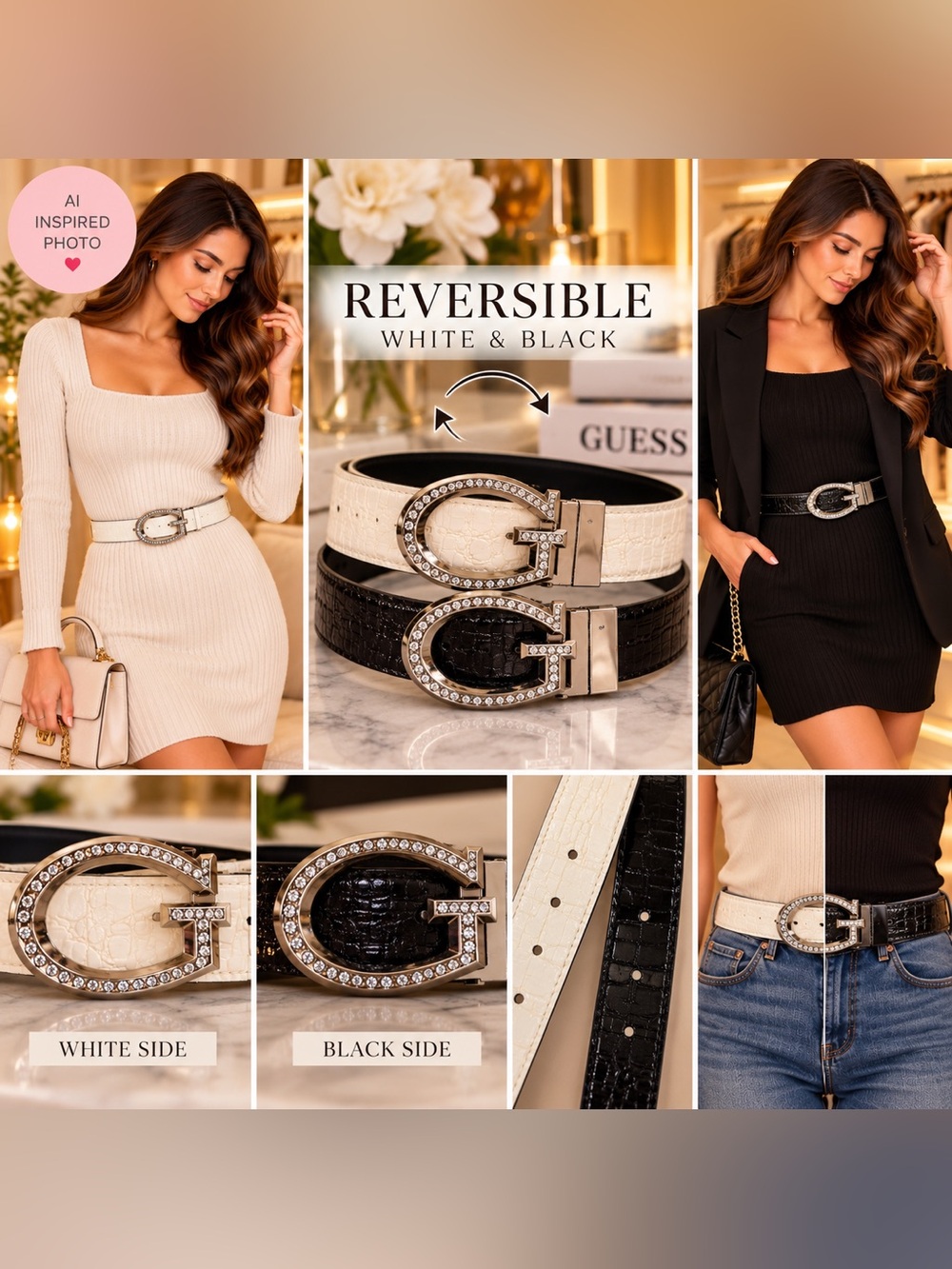 Reversible White & Black Croc-Embossed Belt with Crystal G Buckle